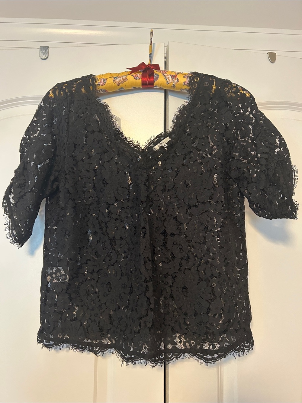 Black Lace Short Sleeve V-Neck Blouse